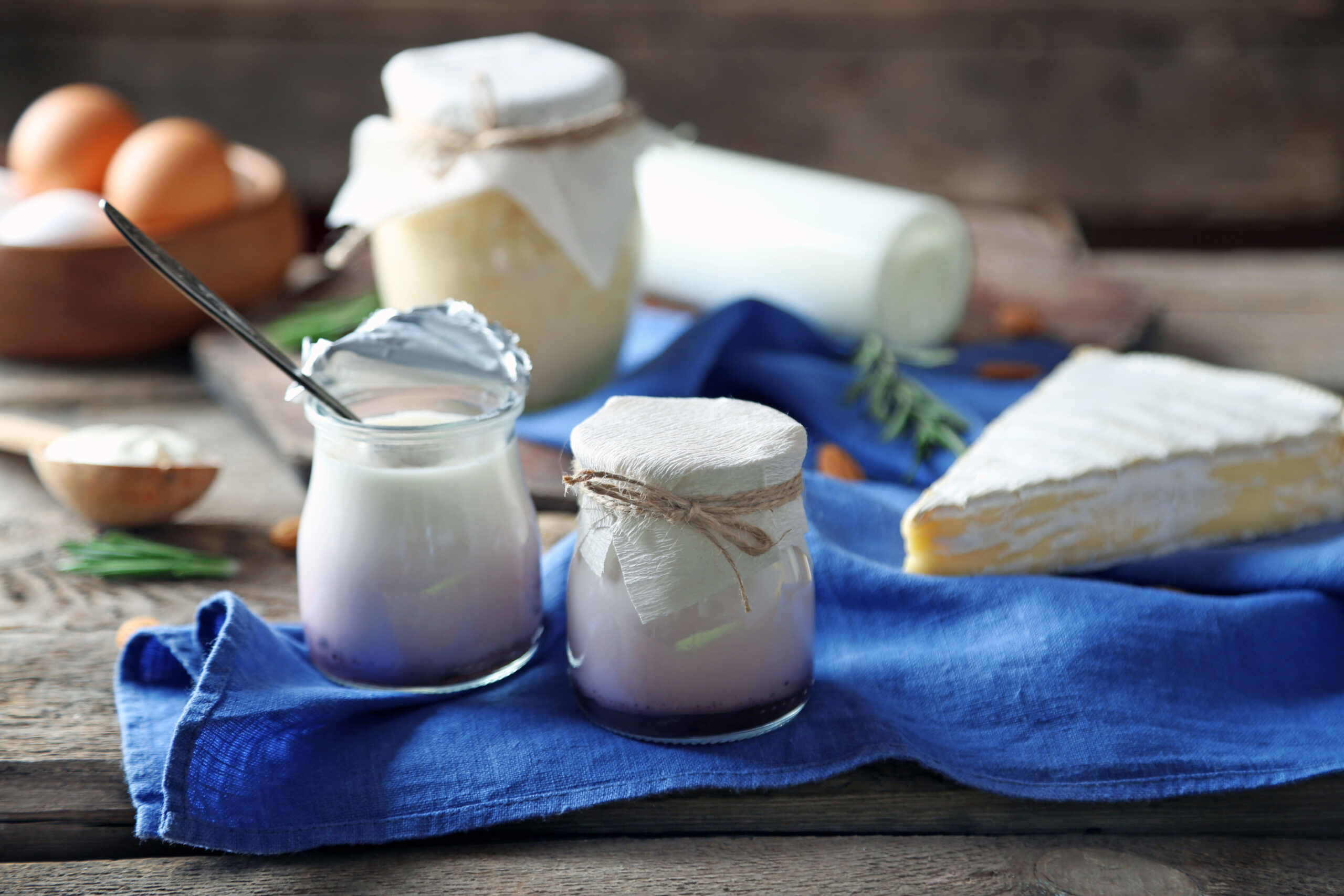Set of dairy products on wooden table closeup